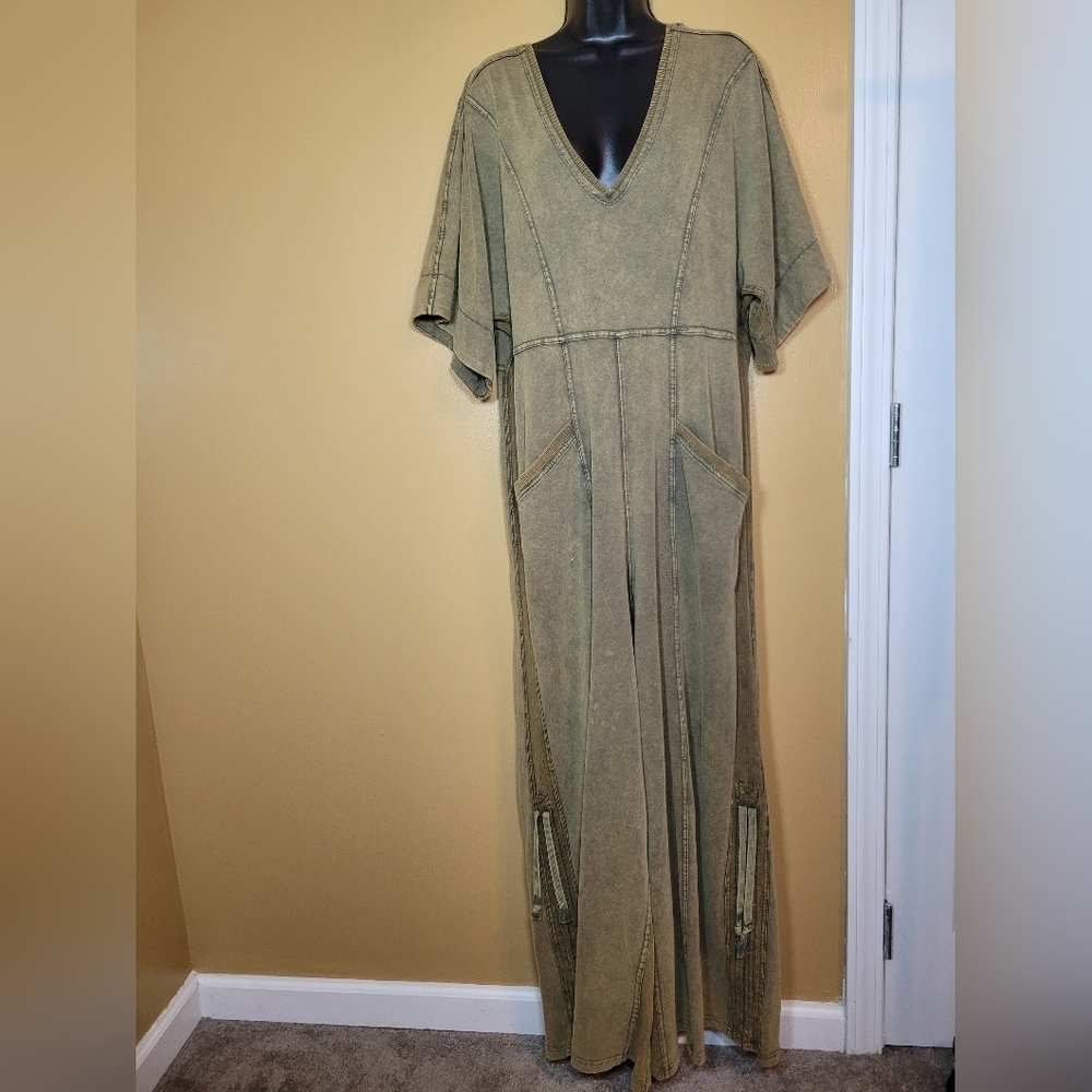 BiBi Boho Beach Relaxed Green Wide Leg Jumpsuit sz L